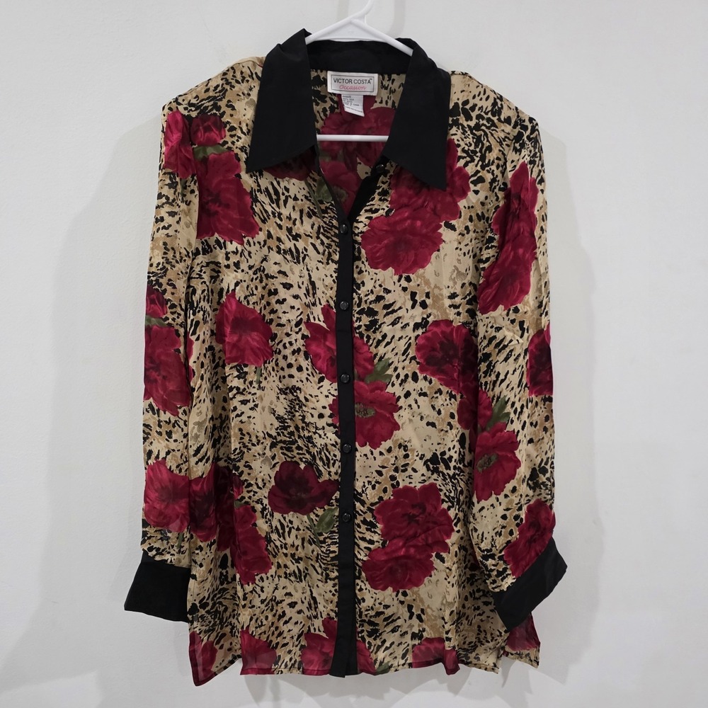 Victor Costa‎ Womens Silk Top Size Small Floral Button Up Career Business Casual